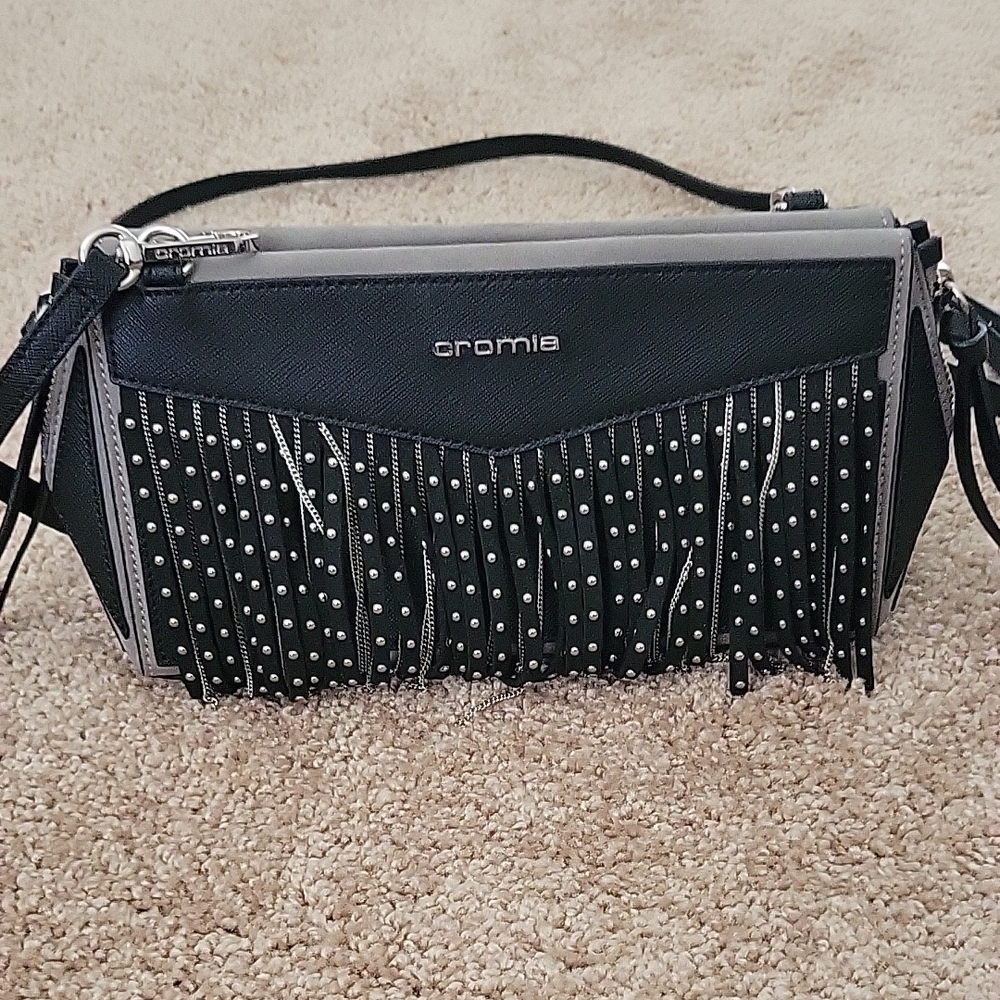 Cromia Black Fringe Bag Genuine Leather Made in Italy
